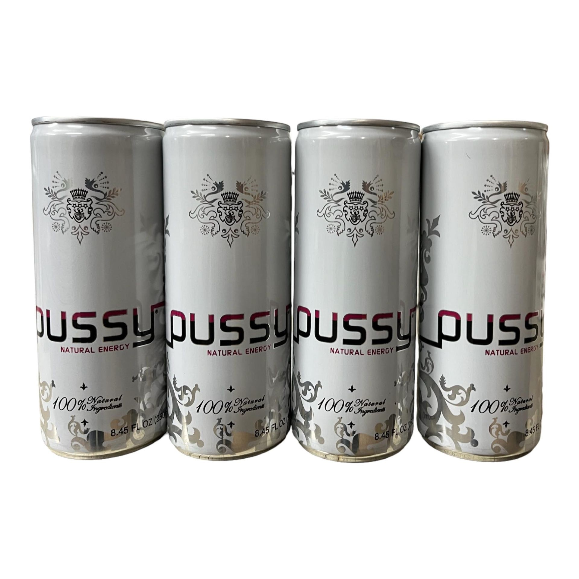 Four cans of Pussy natural energy drink with ornate design on a white background.